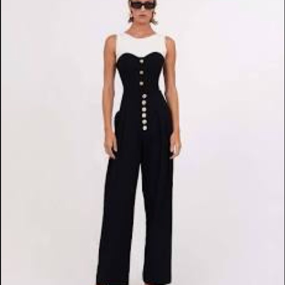 NONchalant Black and White Wide-Leg Jumpsuit with Button Front